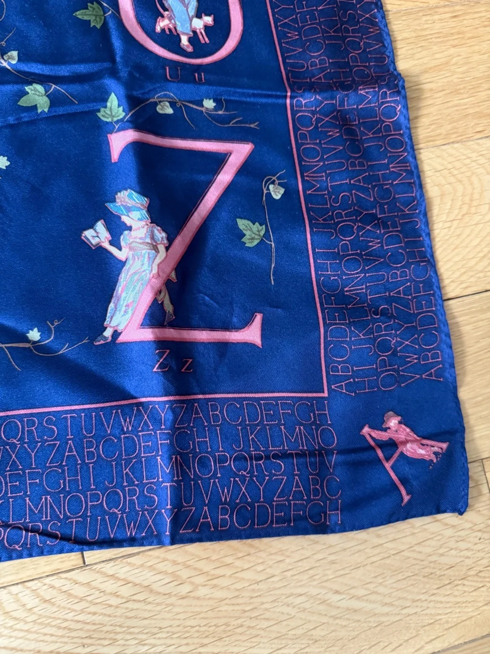 Vintage Alphabet Children's Figure Silk Scarf Navy Pink One Size